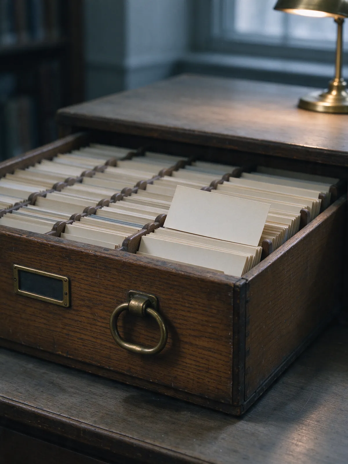 A library card catalogue drawer in shade. One card stands slightly raised, unlit.
