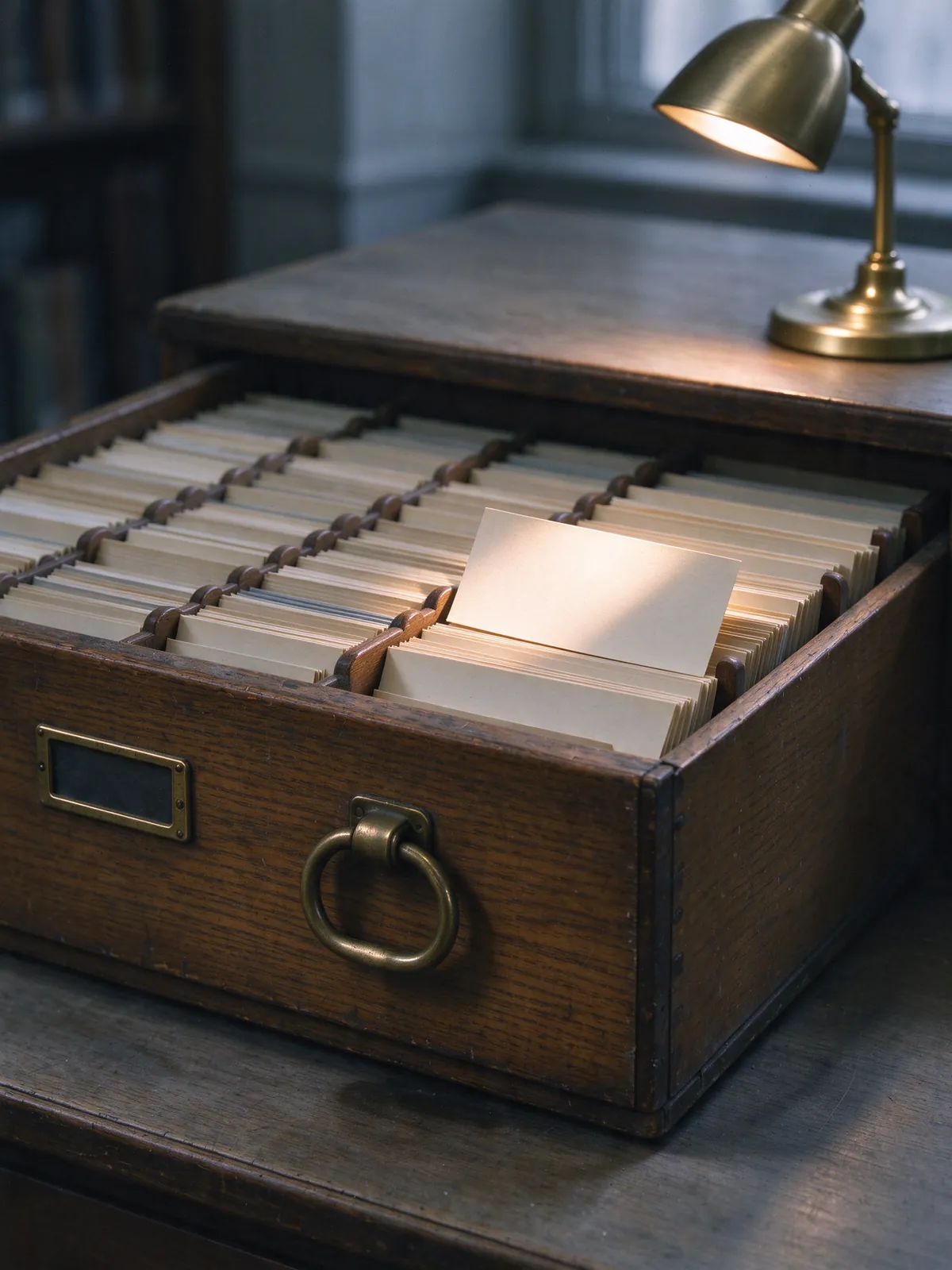 The same card catalogue drawer, now with one card lit by a warm reading lamp.