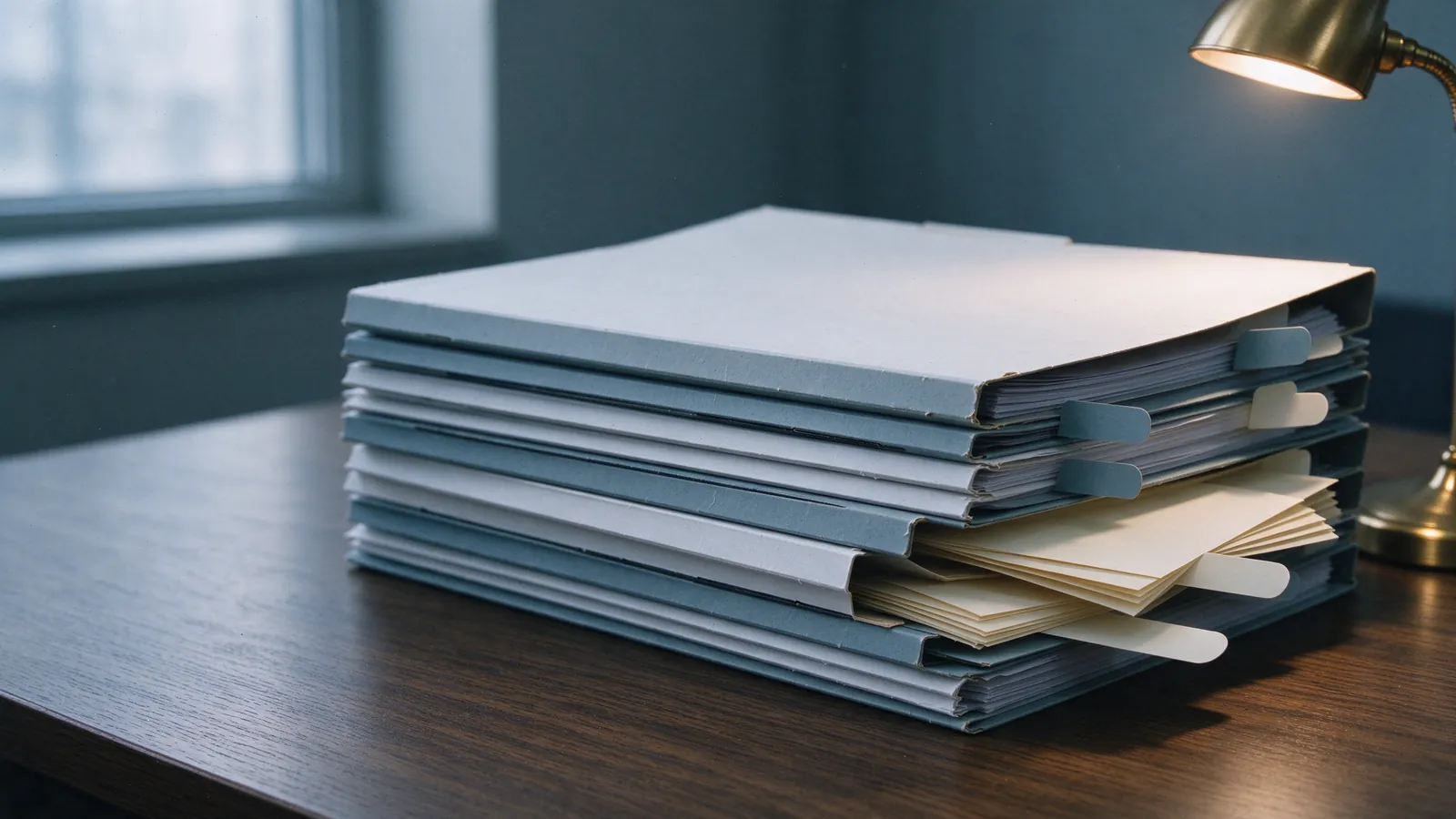 A stack of plain, unbranded document folders on a desk in soft daylight.